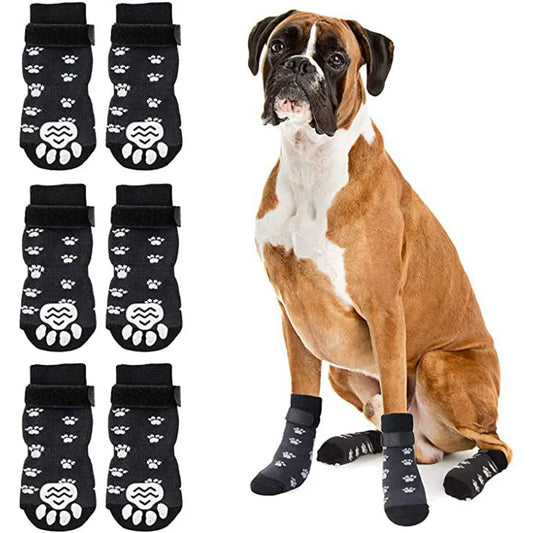 Anti-Slip Dog Socks 4pcs Paw Protector Traction Control Adjustable Indoor Wear Knitted Pet Socks with Rubber Reinforcement